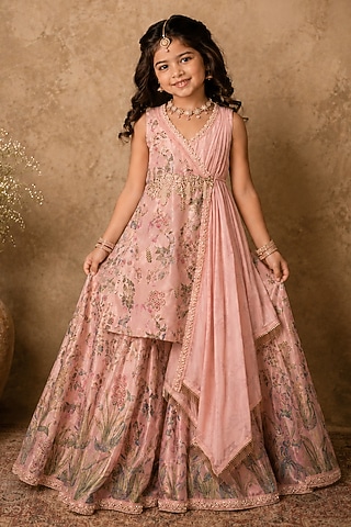 Pastel Pink Raw Silk Sequins Embroidered Sharara Set For Girls by Archana Kochhar Kids