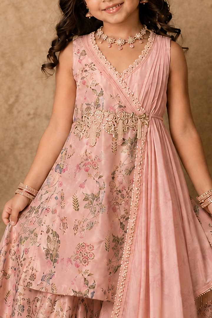 Pastel Pink Raw Silk Sequins Embroidered Sharara Set For Girls by Archana Kochhar Kids at Pernia's Pop Up Shop