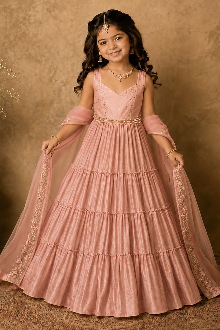 Pastel Pink Georgette Paisley Printed Anarkali Set For Girls by Archana Kochhar Kids at Pernia's Pop Up Shop