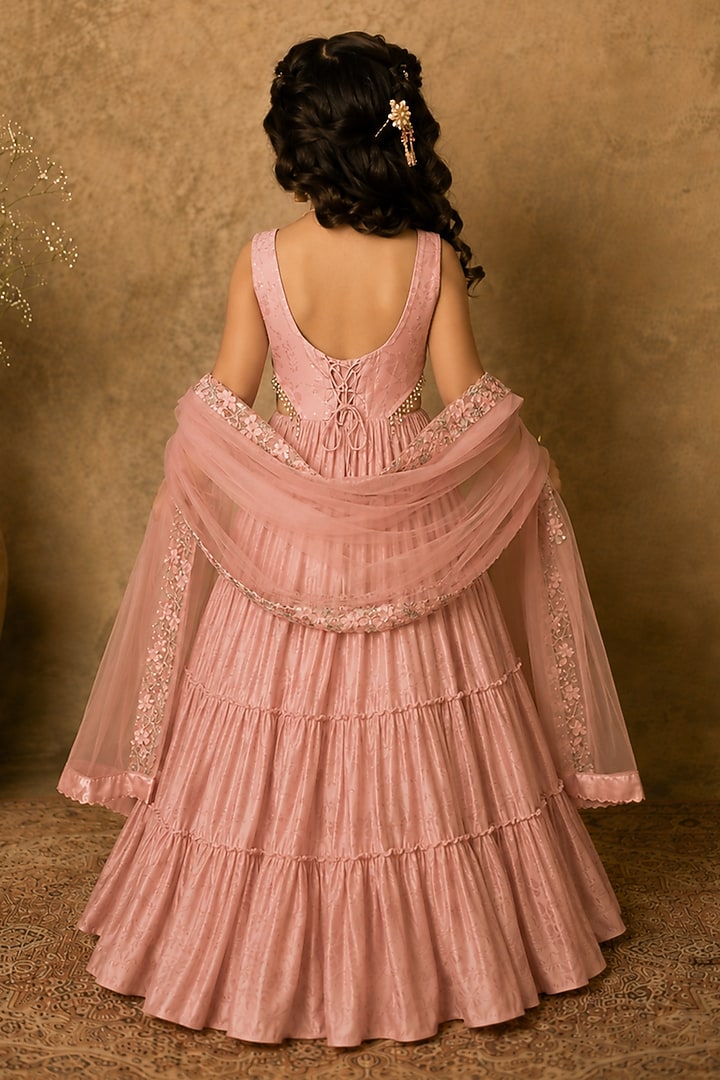Pastel Pink Georgette Paisley Printed Anarkali Set For Girls by Archana Kochhar Kids at Pernia's Pop Up Shop
