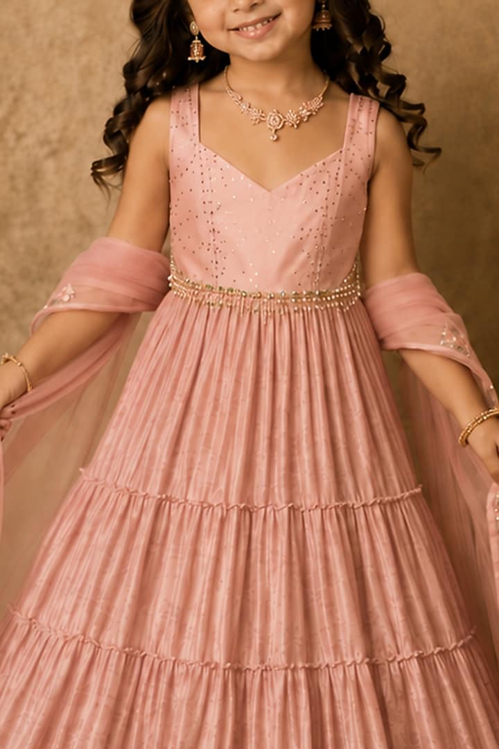 Pastel Pink Georgette Paisley Printed Anarkali Set For Girls by Archana Kochhar Kids at Pernia's Pop Up Shop