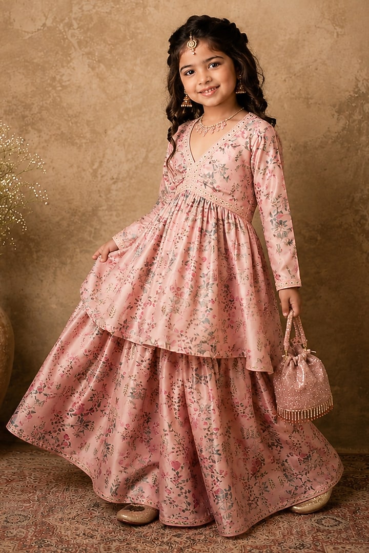 Pastel Pink Raw Silk Pearl Embroidered Sharara Set For Girls by Archana Kochhar Kids at Pernia's Pop Up Shop