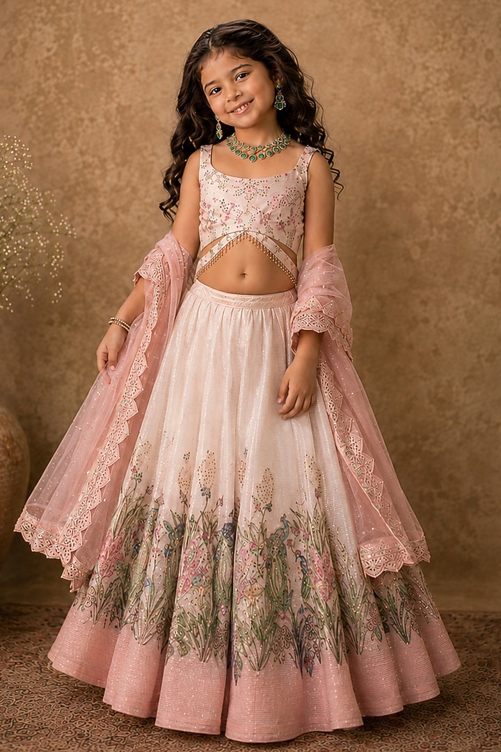 Pastel Pink Georgette Sequin Embroidered Lehenga Set For Girls by Archana Kochhar Kids at Pernia's Pop Up Shop