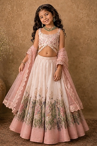 Pastel Pink Georgette Sequin Embroidered Lehenga Set For Girls by Archana Kochhar Kids