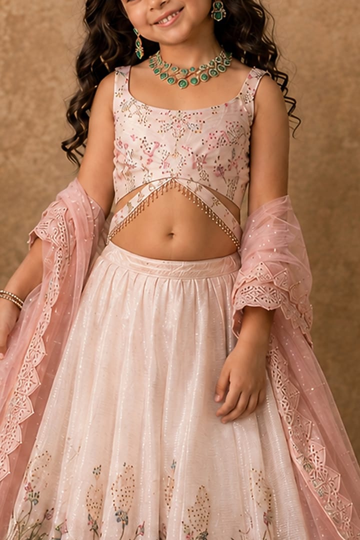 Pastel Pink Georgette Sequin Embroidered Lehenga Set For Girls by Archana Kochhar Kids at Pernia's Pop Up Shop