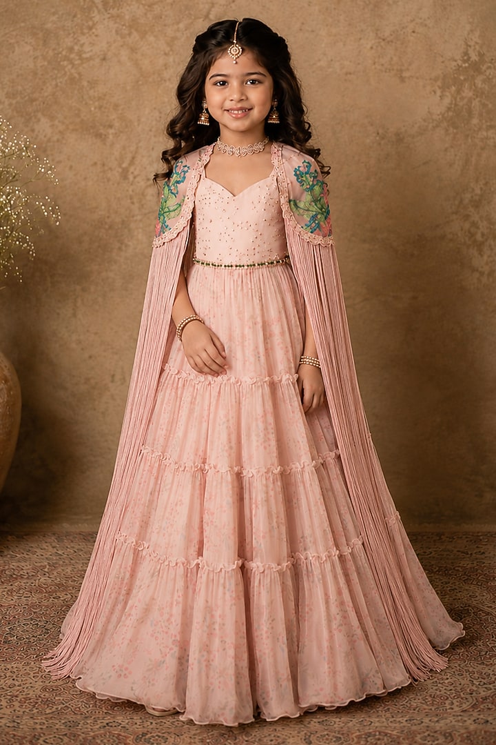 Pastel Pink Georgette Embroidered Anarkali Set For Girls by Archana Kochhar Kids at Pernia's Pop Up Shop