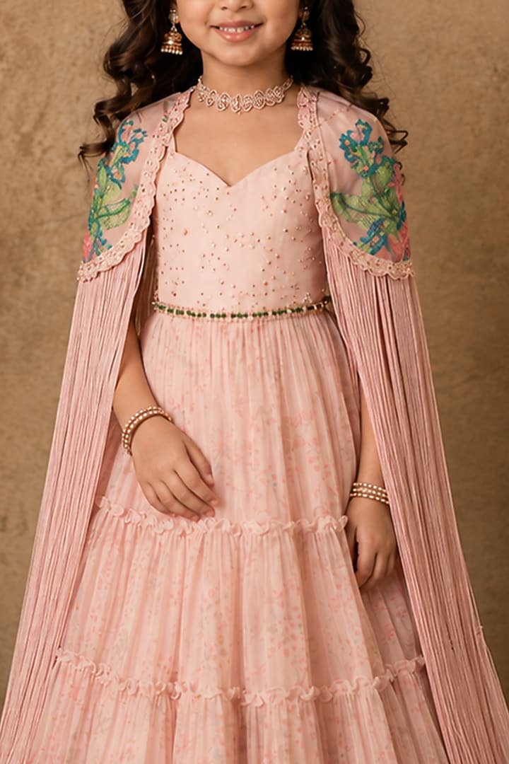 Pastel Pink Georgette Embroidered Anarkali Set For Girls by Archana Kochhar Kids at Pernia's Pop Up Shop