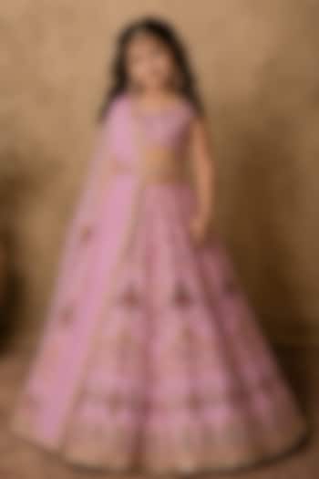 Lilac Raw Silk Printed & Embroidered Lehenga Set For Girls by Archana Kochhar Kids at Pernia's Pop Up Shop
