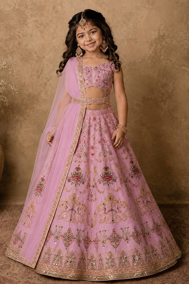 Lilac Raw Silk Printed & Embroidered Lehenga Set For Girls by Archana Kochhar Kids at Pernia's Pop Up Shop