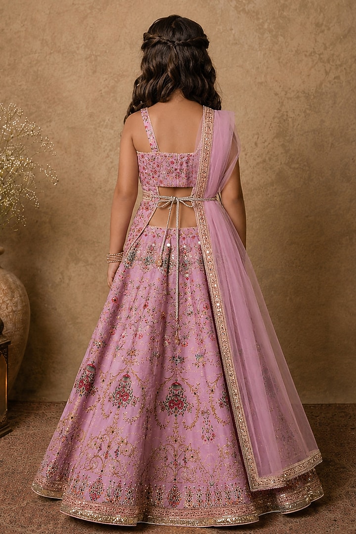 Lilac Raw Silk Printed & Embroidered Lehenga Set For Girls by Archana Kochhar Kids at Pernia's Pop Up Shop