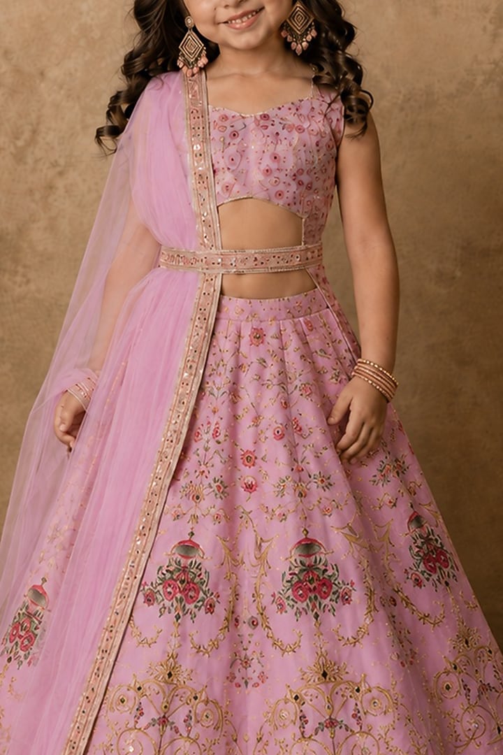 Lilac Raw Silk Printed & Embroidered Lehenga Set For Girls by Archana Kochhar Kids at Pernia's Pop Up Shop