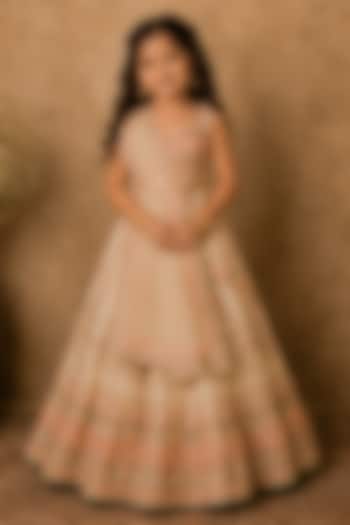 Ivory Raw Silk Printed & Embroidered Lehenga Set For Girls by Archana Kochhar Kids at Pernia's Pop Up Shop