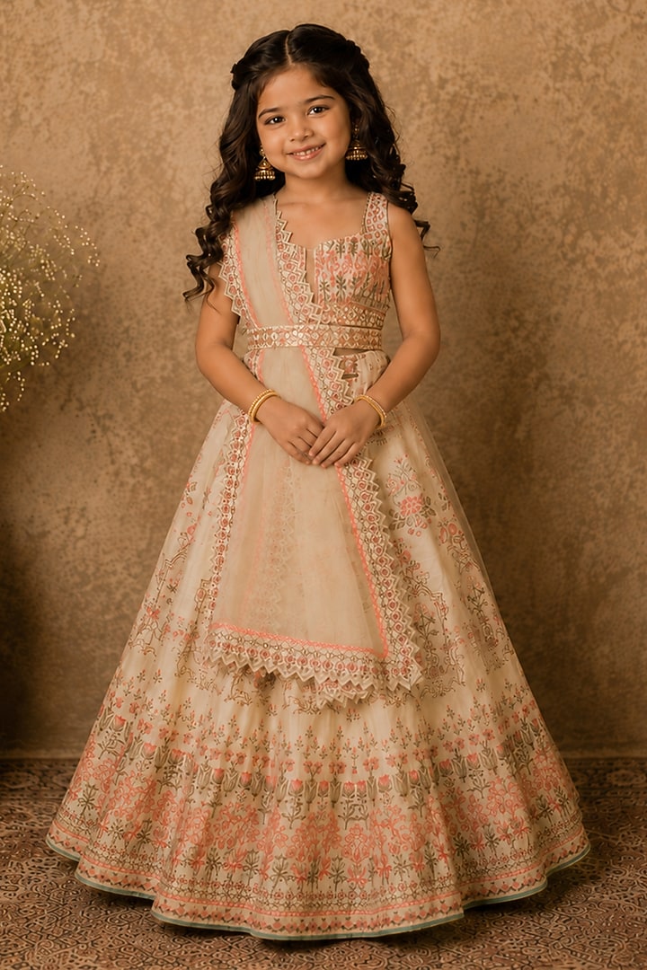 Ivory Raw Silk Printed & Embroidered Lehenga Set For Girls by Archana Kochhar Kids at Pernia's Pop Up Shop