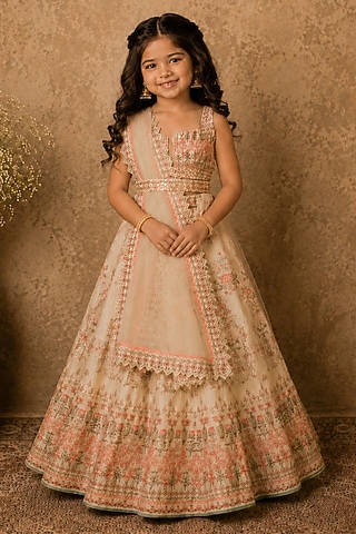 Ivory Raw Silk Printed & Embroidered Lehenga Set For Girls by Archana Kochhar Kids
