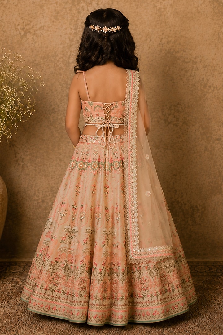 Ivory Raw Silk Printed & Embroidered Lehenga Set For Girls by Archana Kochhar Kids at Pernia's Pop Up Shop