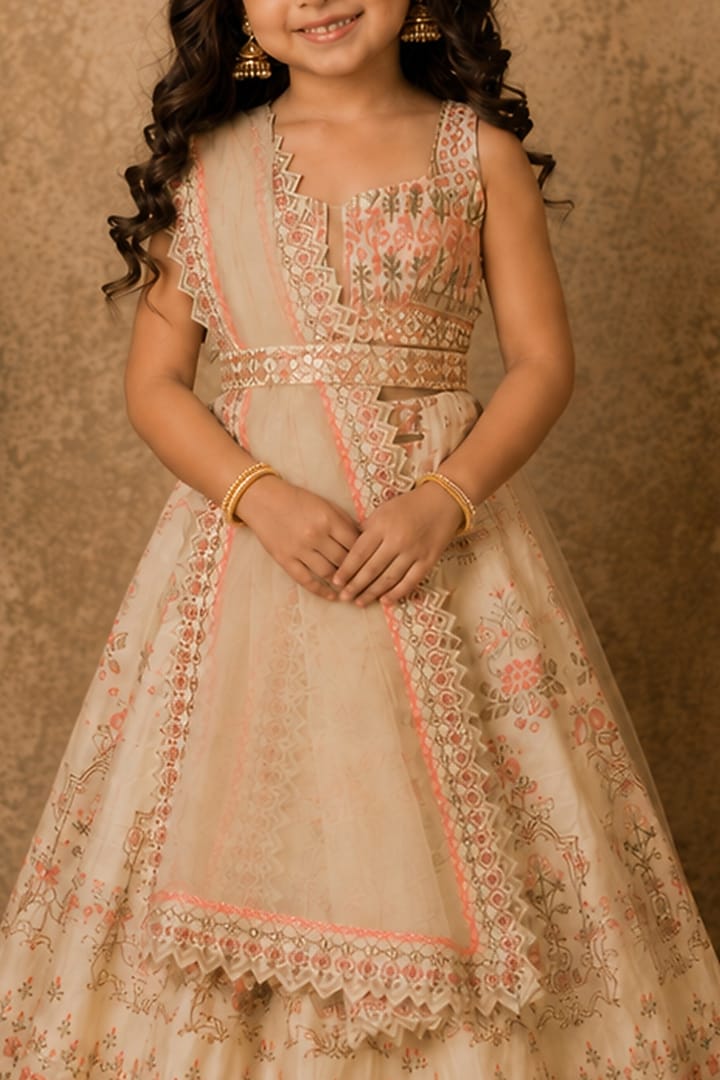 Ivory Raw Silk Printed & Embroidered Lehenga Set For Girls by Archana Kochhar Kids at Pernia's Pop Up Shop