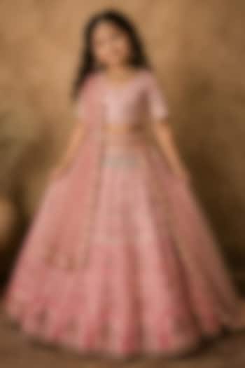 Pink Raw Silk Printed & Embroidered Lehenga Set For Girls by Archana Kochhar Kids at Pernia's Pop Up Shop