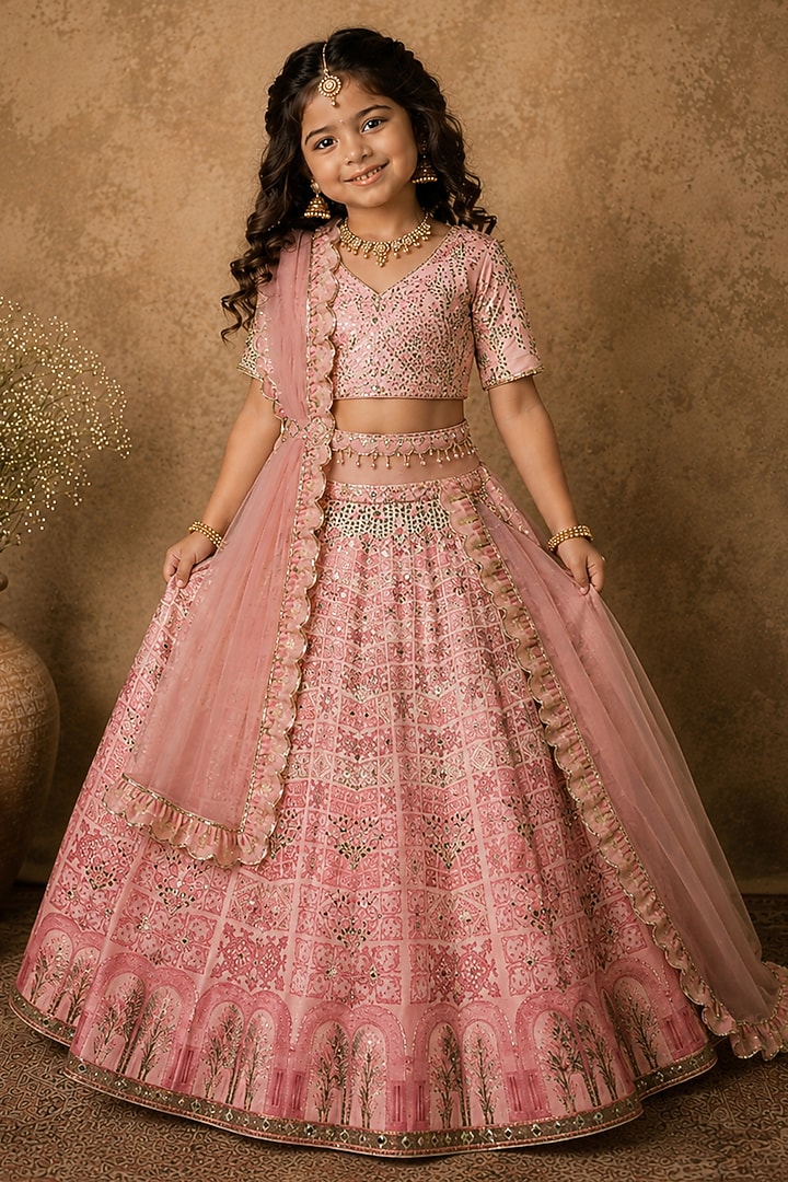 Pink Raw Silk Printed & Embroidered Lehenga Set For Girls by Archana Kochhar Kids at Pernia's Pop Up Shop