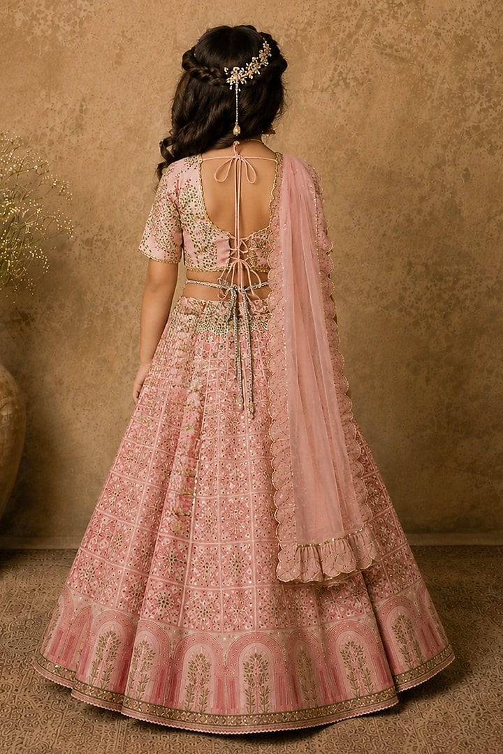Pink Raw Silk Printed & Embroidered Lehenga Set For Girls by Archana Kochhar Kids at Pernia's Pop Up Shop