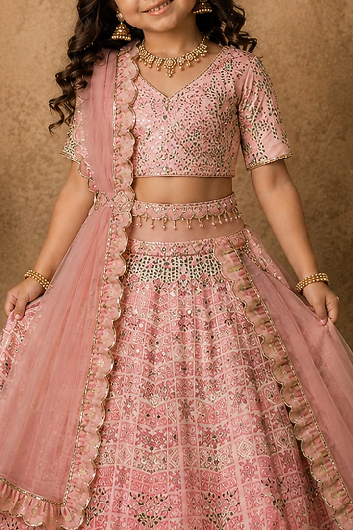 Pink Raw Silk Printed & Embroidered Lehenga Set For Girls by Archana Kochhar Kids at Pernia's Pop Up Shop