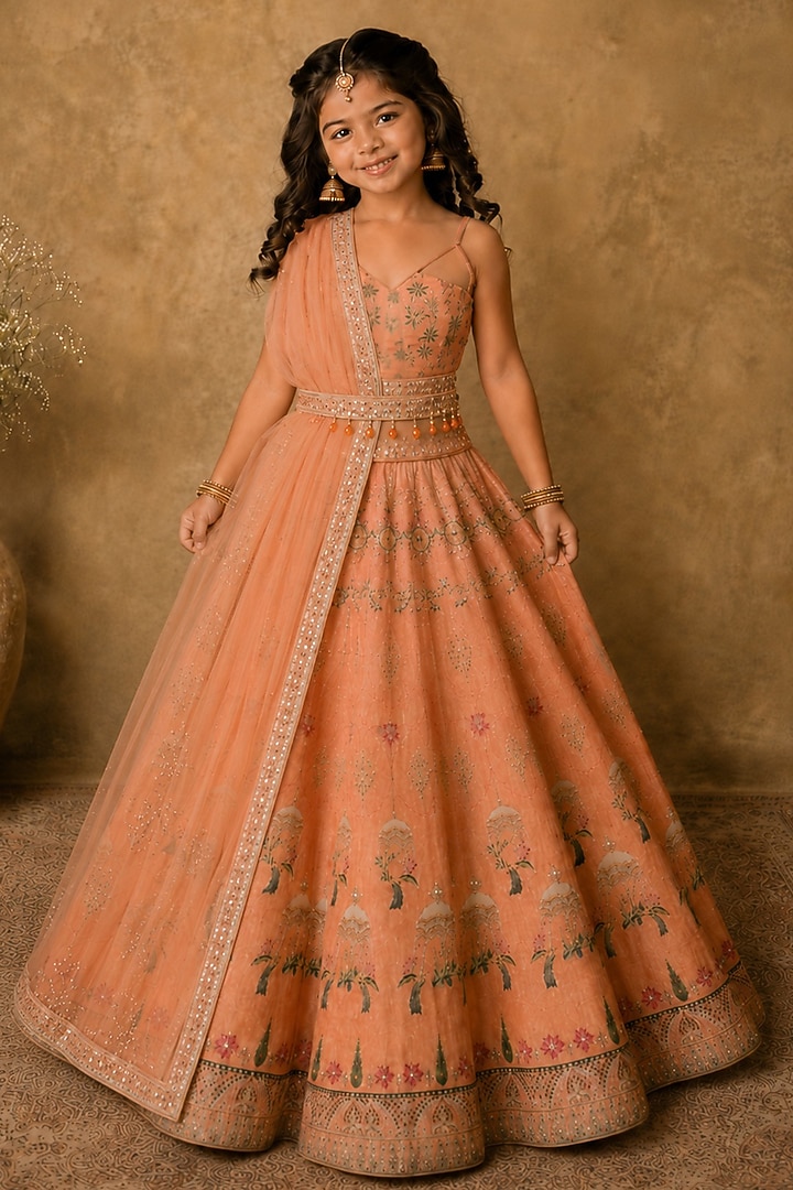 Coral Raw Silk Printed & Embroidered Lehenga Set For Girls by Archana Kochhar Kids at Pernia's Pop Up Shop