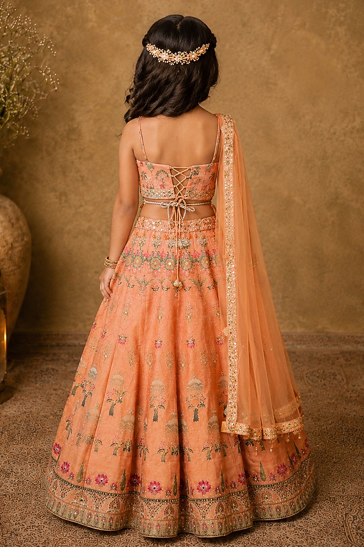 Coral Raw Silk Printed & Embroidered Lehenga Set For Girls by Archana Kochhar Kids at Pernia's Pop Up Shop