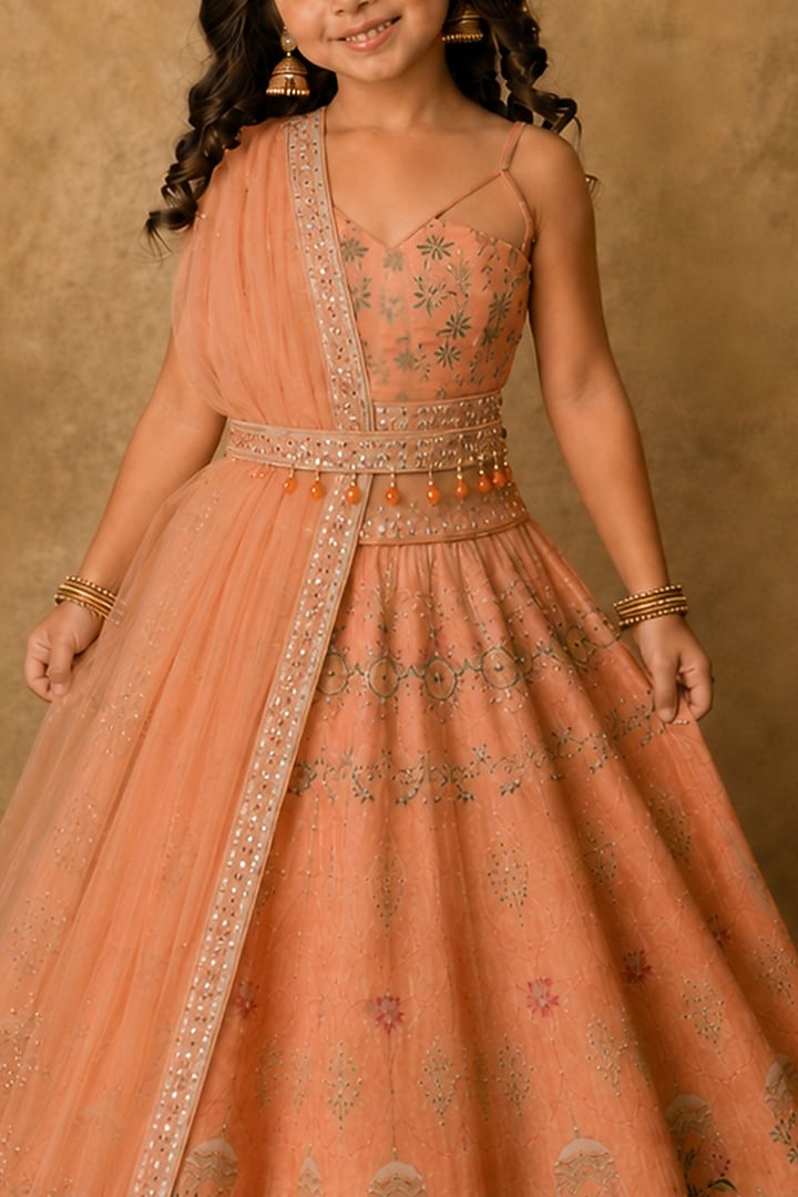 Coral Raw Silk Printed & Embroidered Lehenga Set For Girls by Archana Kochhar Kids at Pernia's Pop Up Shop