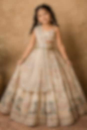 Pastel Green Raw Silk Printed & Embroidered Lehenga Set For Girls by Archana Kochhar Kids at Pernia's Pop Up Shop