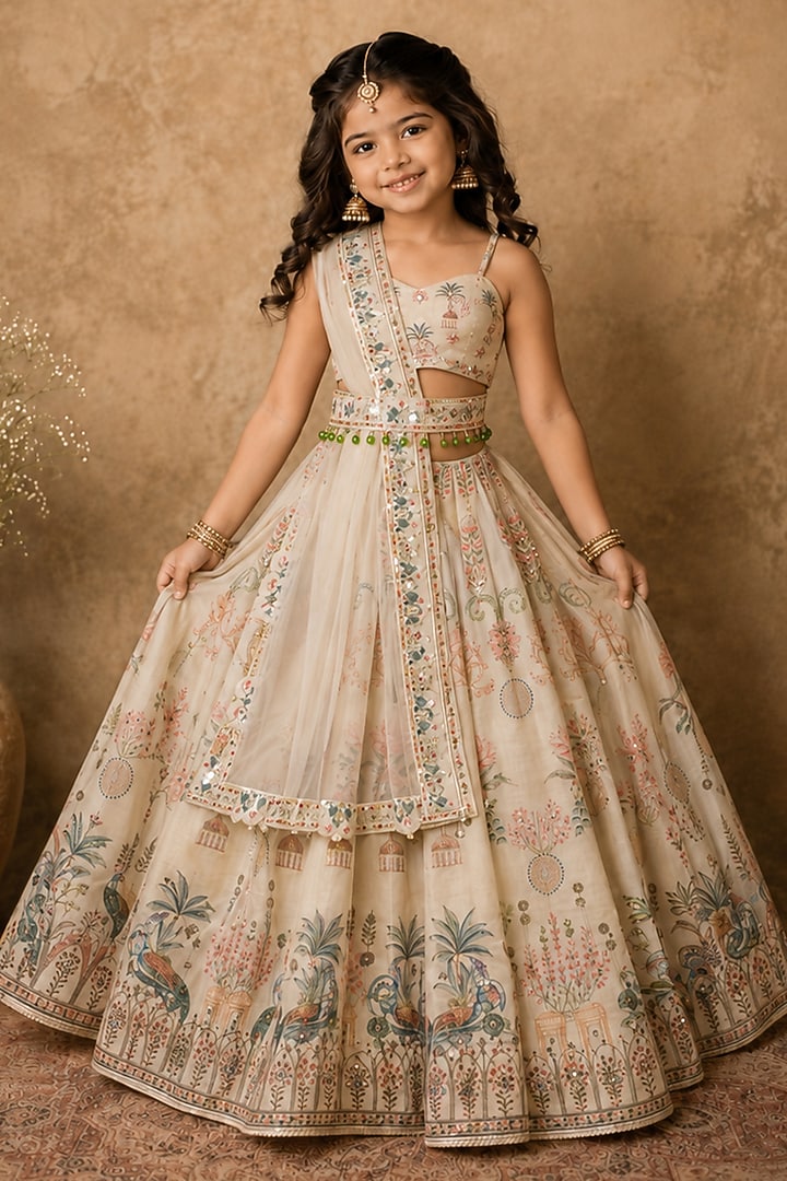 Pastel Green Raw Silk Printed & Embroidered Lehenga Set For Girls by Archana Kochhar Kids at Pernia's Pop Up Shop