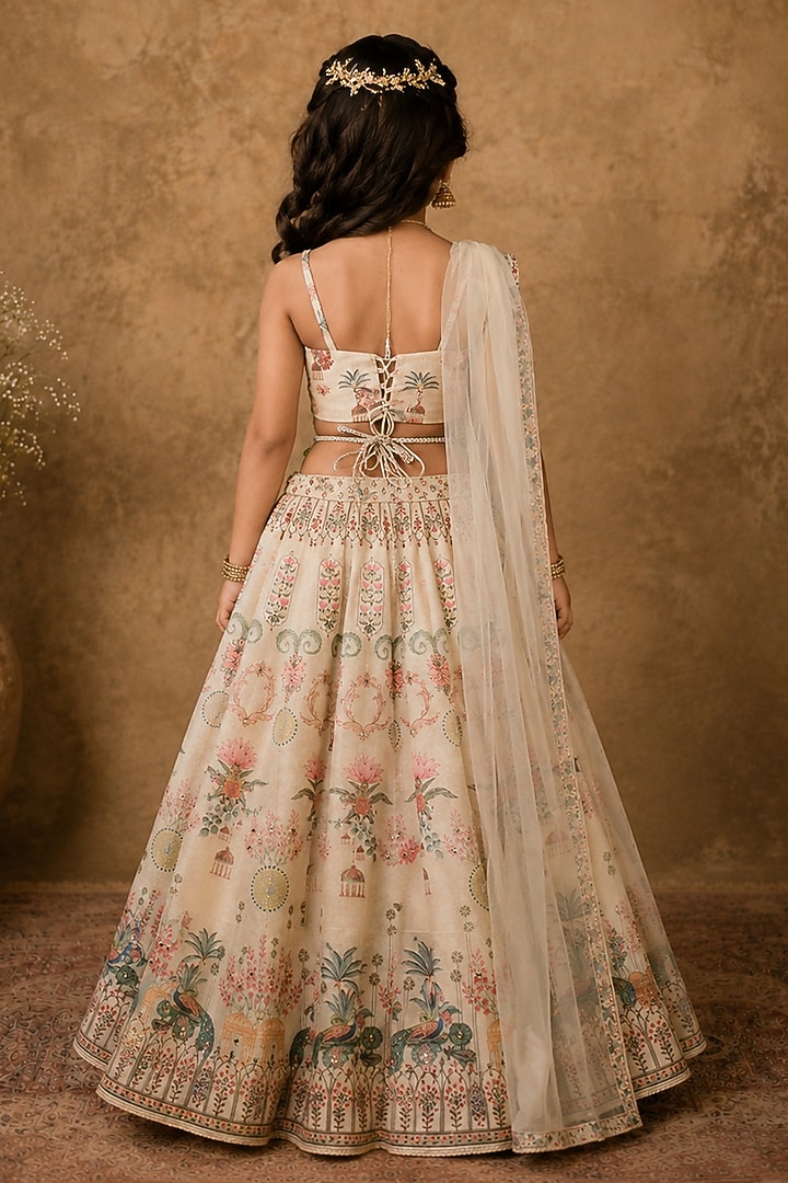 Pastel Green Raw Silk Printed & Embroidered Lehenga Set For Girls by Archana Kochhar Kids at Pernia's Pop Up Shop