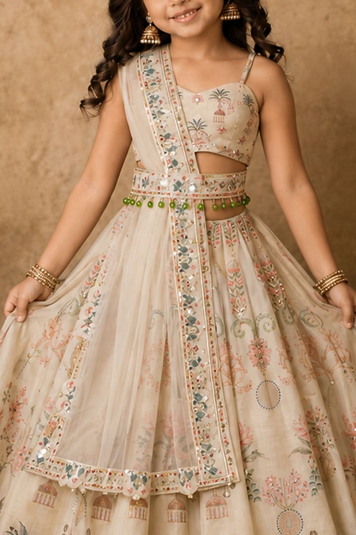 Pastel Green Raw Silk Printed & Embroidered Lehenga Set For Girls by Archana Kochhar Kids at Pernia's Pop Up Shop