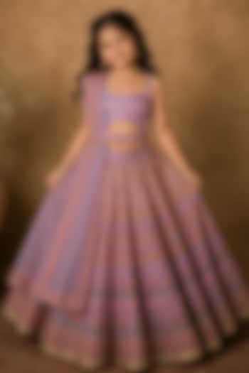 Lilac Raw Silk Floral Printed Lehenga Set For Girls by Archana Kochhar Kids at Pernia's Pop Up Shop