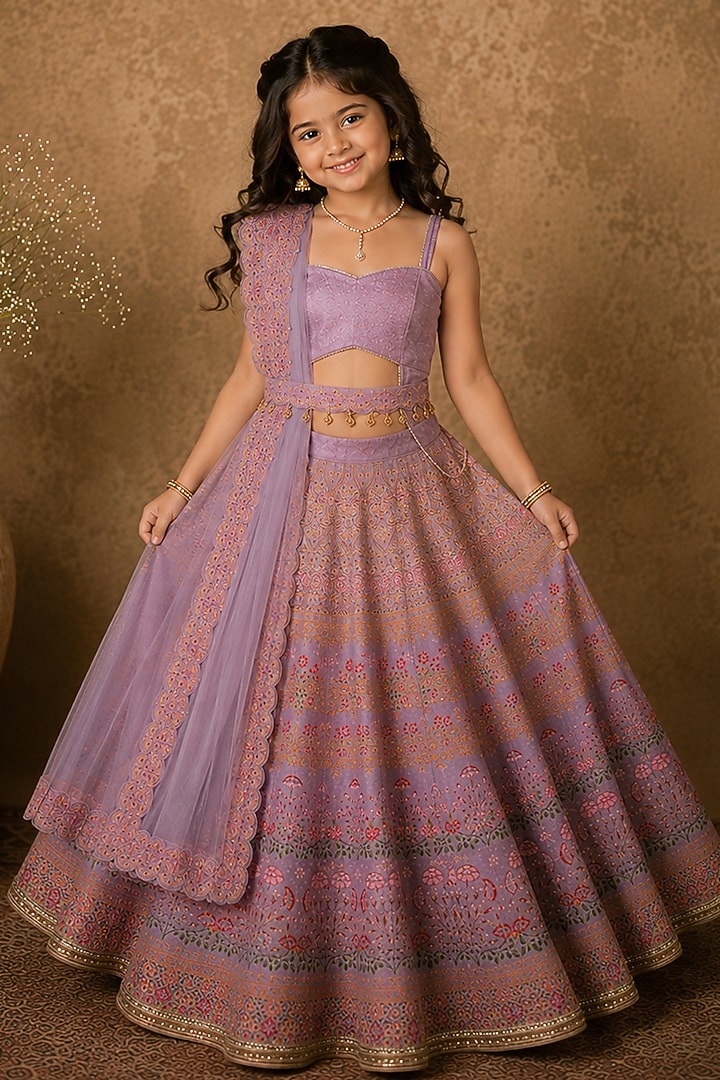 Lilac Raw Silk Floral Printed Lehenga Set For Girls by Archana Kochhar Kids at Pernia's Pop Up Shop