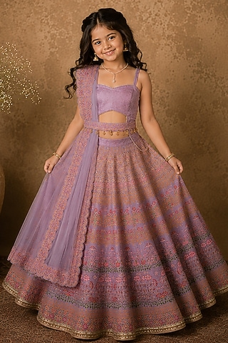 Lilac Raw Silk Floral Printed Lehenga Set For Girls by Archana Kochhar Kids