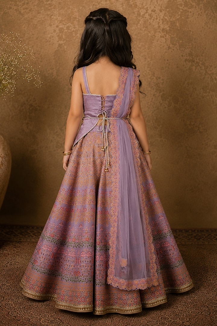 Lilac Raw Silk Floral Printed Lehenga Set For Girls by Archana Kochhar Kids at Pernia's Pop Up Shop