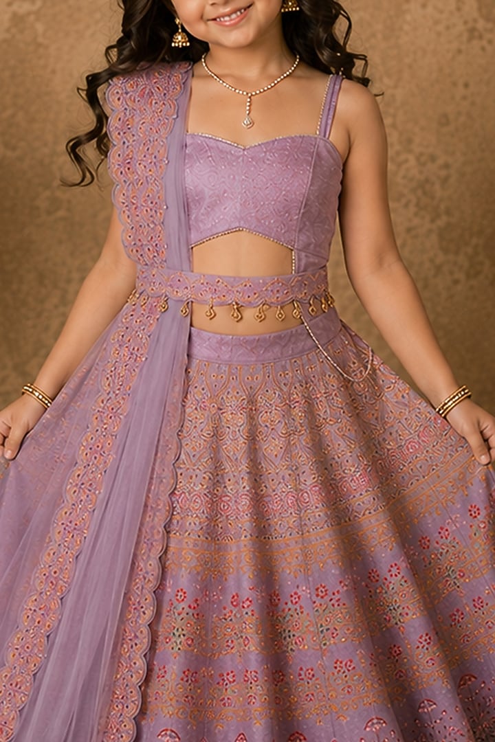 Lilac Raw Silk Floral Printed Lehenga Set For Girls by Archana Kochhar Kids at Pernia's Pop Up Shop