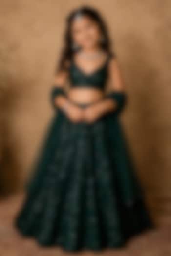 Green Sequins 3D Embroidered Lehenga Set For Girls by Archana Kochhar Kids at Pernia's Pop Up Shop
