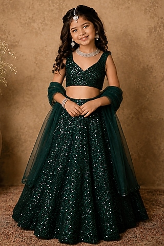 Green Sequins 3D Embroidered Lehenga Set For Girls by Archana Kochhar Kids