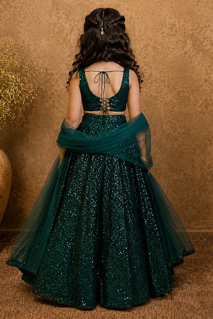Green Sequins 3D Embroidered Lehenga Set For Girls by Archana Kochhar Kids at Pernia's Pop Up Shop