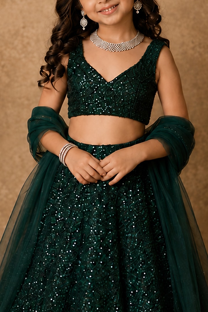 Green Sequins 3D Embroidered Lehenga Set For Girls by Archana Kochhar Kids at Pernia's Pop Up Shop