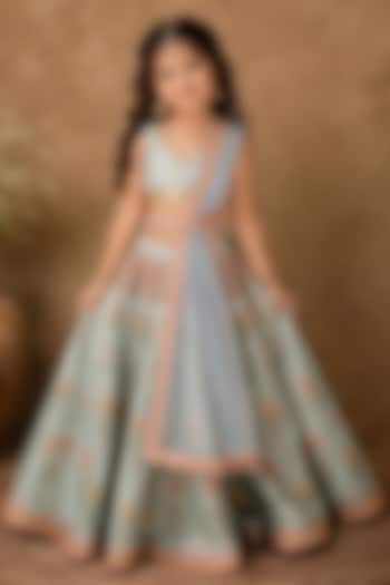 Light Blue Raw Silk Floral Printed Lehenga Set For Girls by Archana Kochhar Kids at Pernia's Pop Up Shop