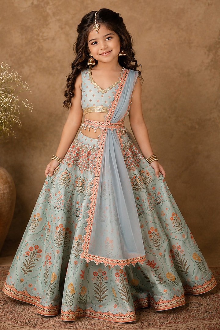 Light Blue Raw Silk Floral Printed Lehenga Set For Girls by Archana Kochhar Kids at Pernia's Pop Up Shop
