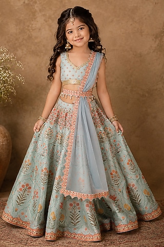 Light Blue Raw Silk Floral Printed Lehenga Set For Girls by Archana Kochhar Kids