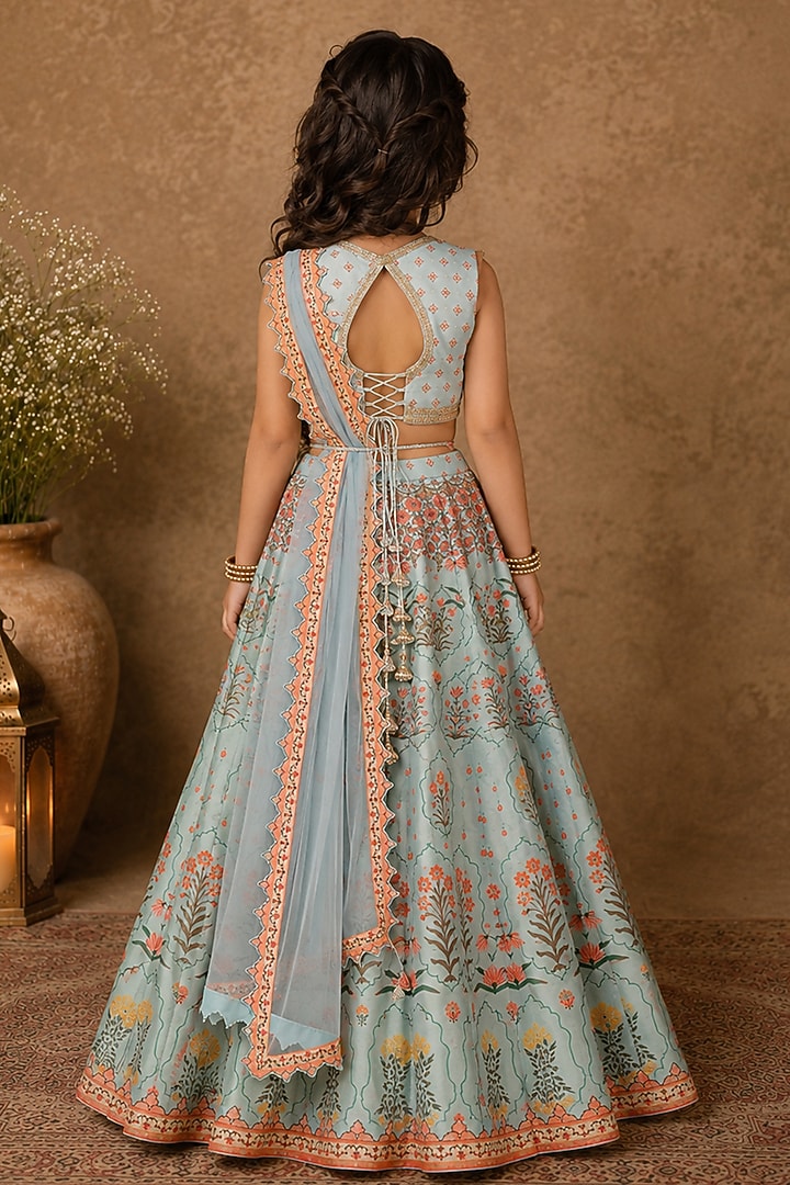 Light Blue Raw Silk Floral Printed Lehenga Set For Girls by Archana Kochhar Kids at Pernia's Pop Up Shop