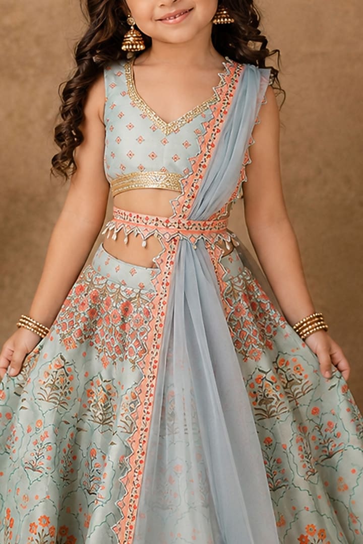 Light Blue Raw Silk Floral Printed Lehenga Set For Girls by Archana Kochhar Kids at Pernia's Pop Up Shop