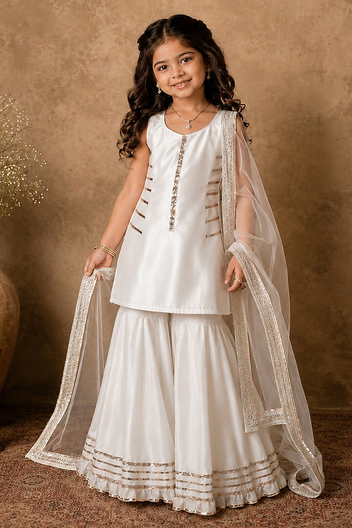 Ivory Handloom Chanderi Gota Embellished Sharara Set For Girls by Archana Kochhar Kids at Pernia's Pop Up Shop
