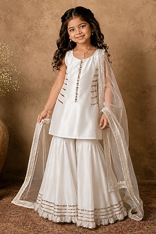 Ivory Handloom Chanderi Gota Embellished Sharara Set For Girls by Archana Kochhar Kids