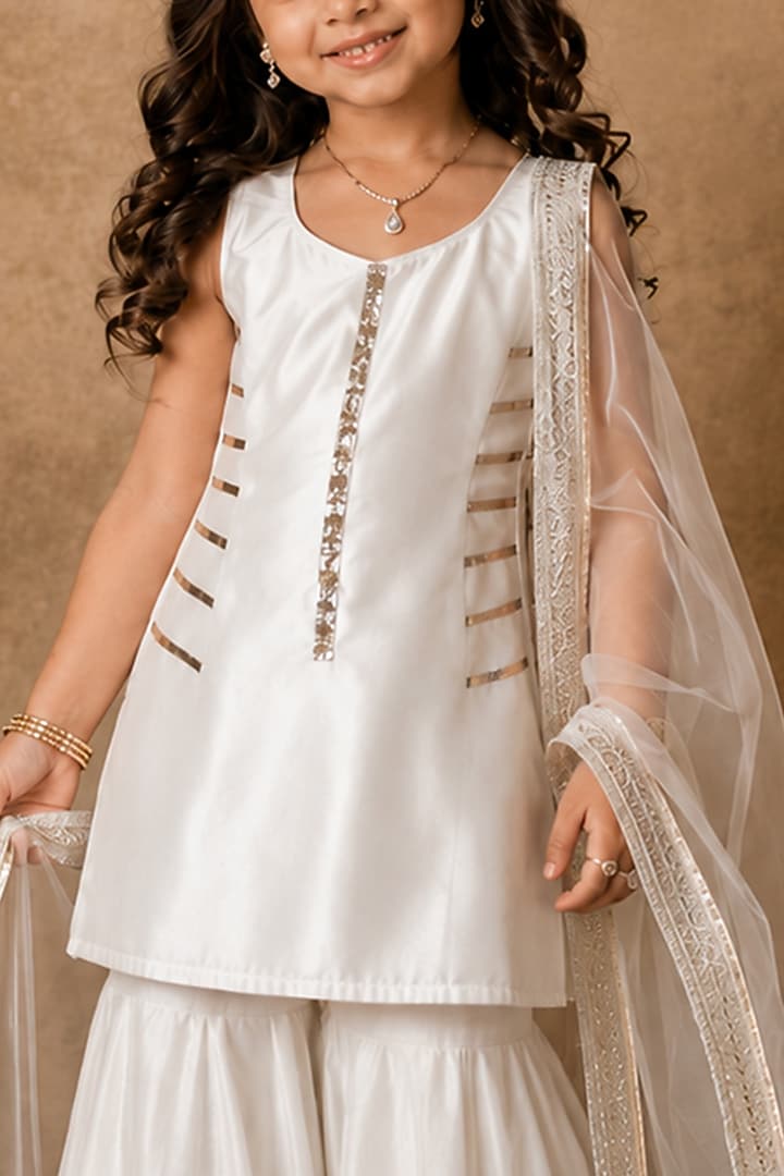 Ivory Handloom Chanderi Gota Embellished Sharara Set For Girls by Archana Kochhar Kids at Pernia's Pop Up Shop