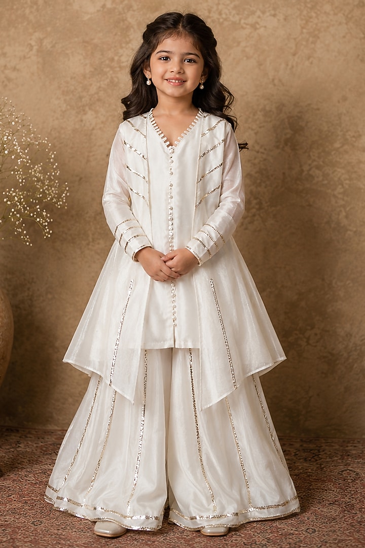 Ivory Handloom Chanderi Gota Embellished Sharara Set For Girls by Archana Kochhar Kids at Pernia's Pop Up Shop