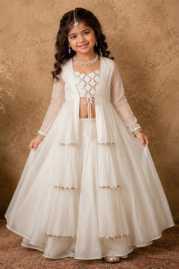 Ivory Handloom Chanderi Gota Embellished Jacket Set For Girls by Archana Kochhar Kids at Pernia's Pop Up Shop